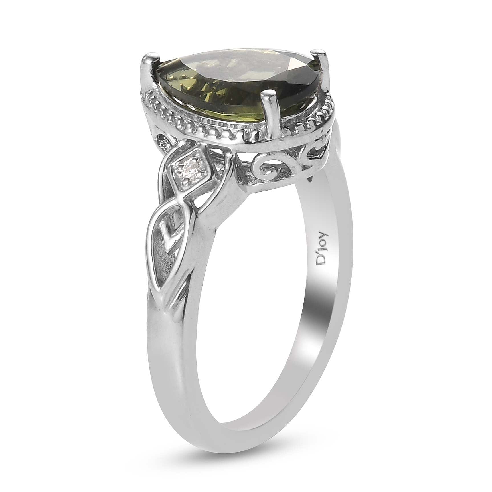 Premium Bohemian Moldavite and White Zircon Ring in Platinum Over Sterling Silver (Size 10.0) 1.65 ctw