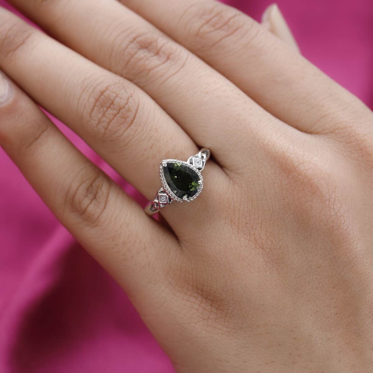 Premium Bohemian Moldavite and White Zircon Ring in Platinum Over Sterling Silver (Size 5.0) 1.65 ctw image number 1