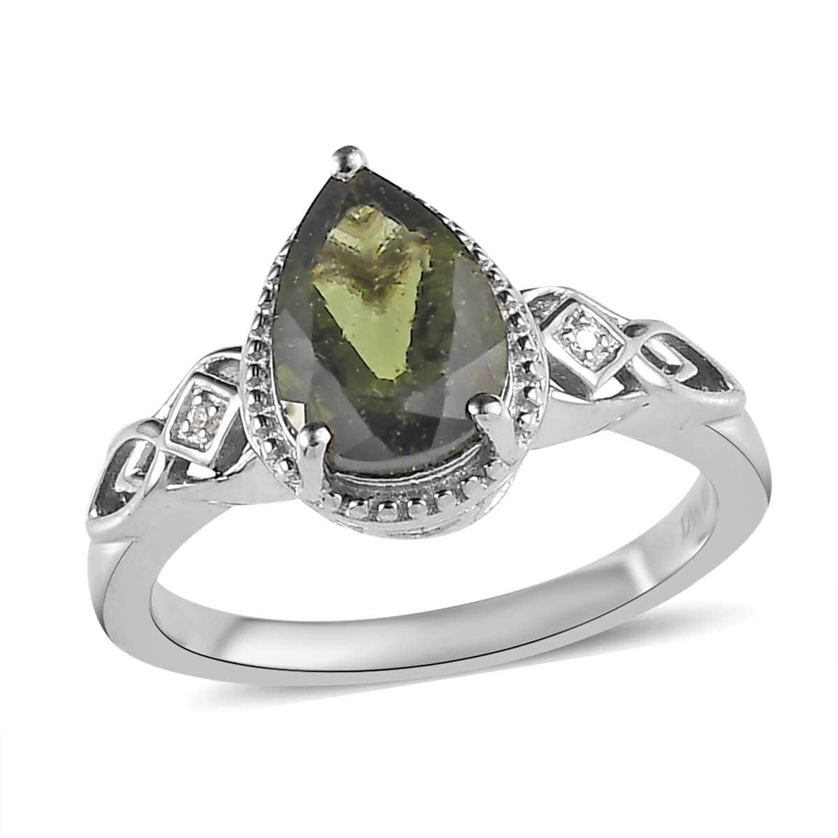 Premium Bohemian Moldavite and White Zircon Ring in Platinum Over Sterling Silver (Size 7.0) 1.65 ctw image number 0