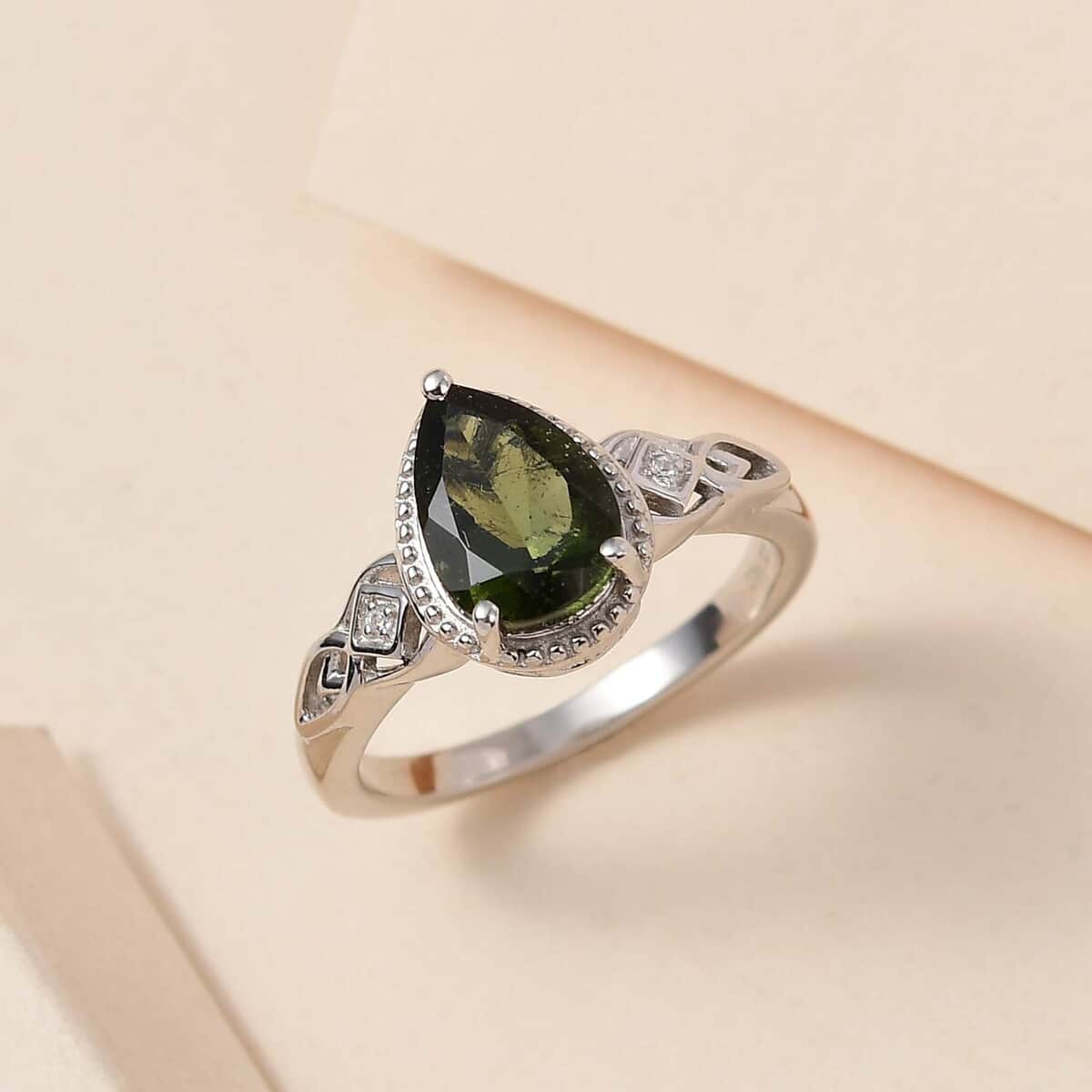 Premium Bohemian Moldavite and White Zircon Ring in Platinum Over Sterling Silver (Size 7.0) 1.65 ctw image number 3