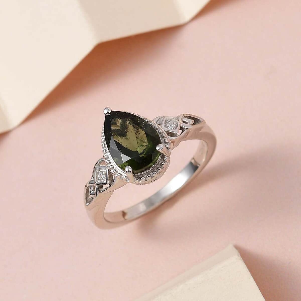 Premium Bohemian Moldavite and White Zircon Ring in Platinum Over Sterling Silver (Size 7.0) 1.65 ctw image number 4