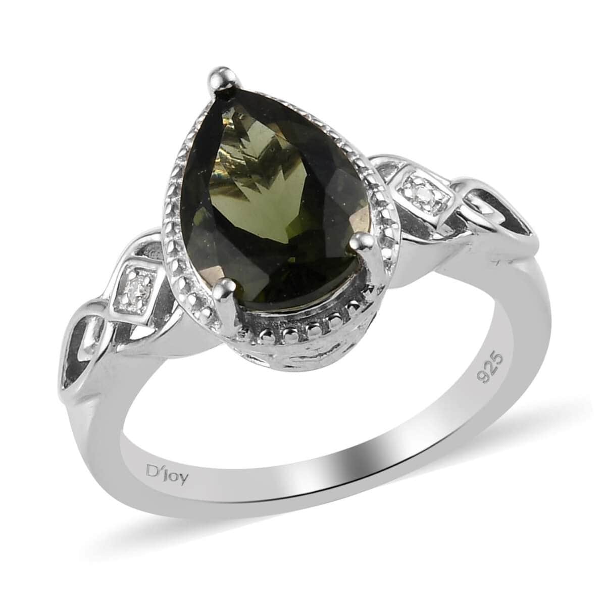 Premium Bohemian Moldavite and White Zircon Ring in Platinum Over Sterling Silver (Size 8.0) 1.65 ctw image number 0