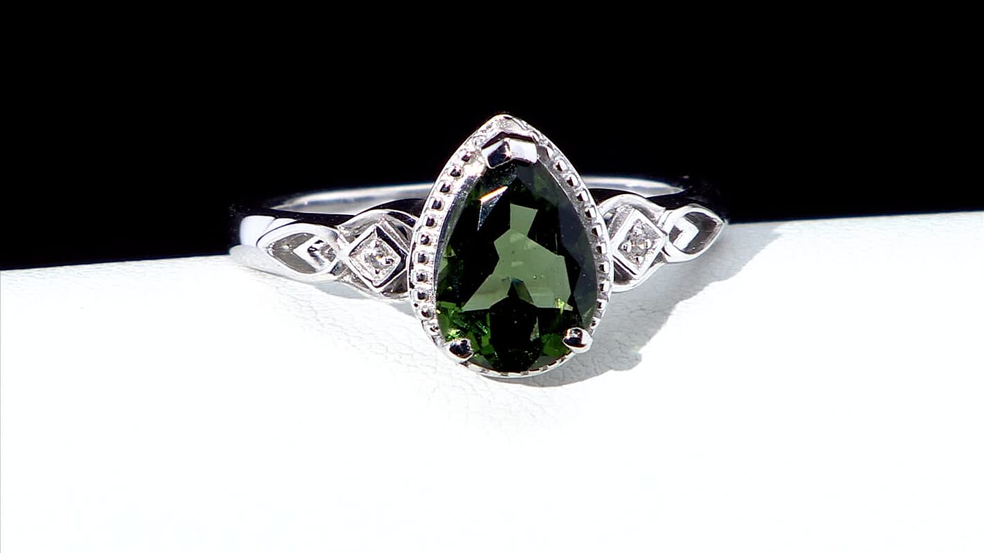 Premium Bohemian Moldavite and White Zircon Ring in Platinum Over Sterling Silver 1.65 ctw