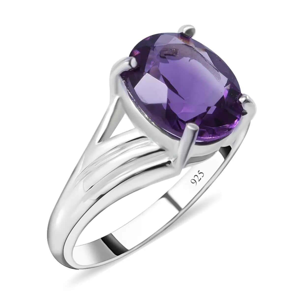 Lusaka Amethyst Solitaire Ring, Amethyst Ring, Split Shank Ring, Platinum Over Sterling Silver Ring 3.35 ctw image number 0