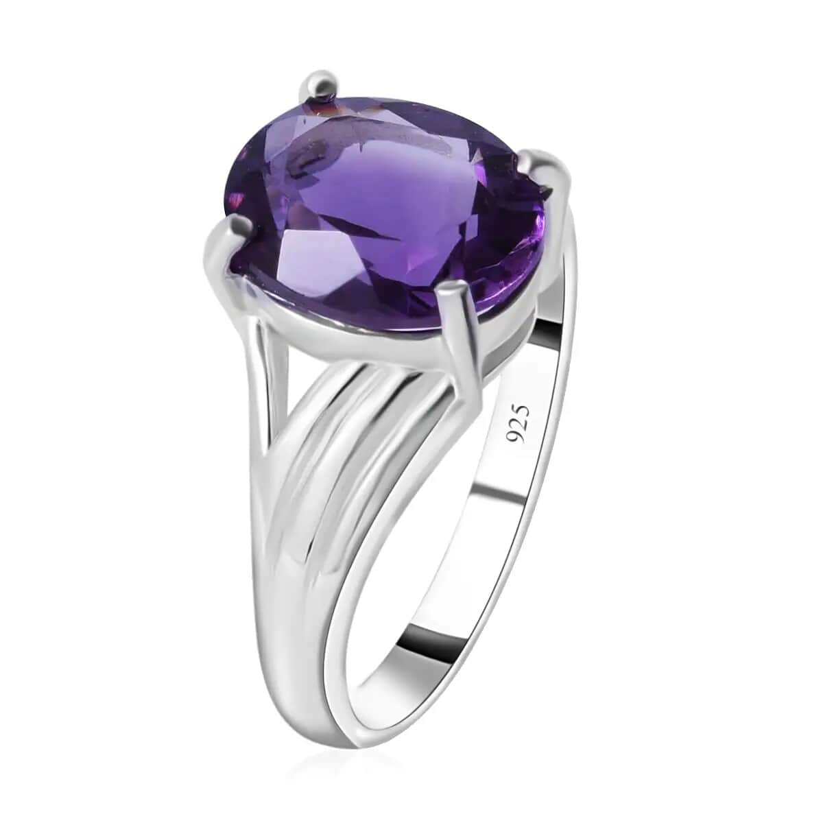Lusaka Amethyst Solitaire Ring, Amethyst Ring, Split Shank Ring, Platinum Over Sterling Silver Ring 3.35 ctw image number 4