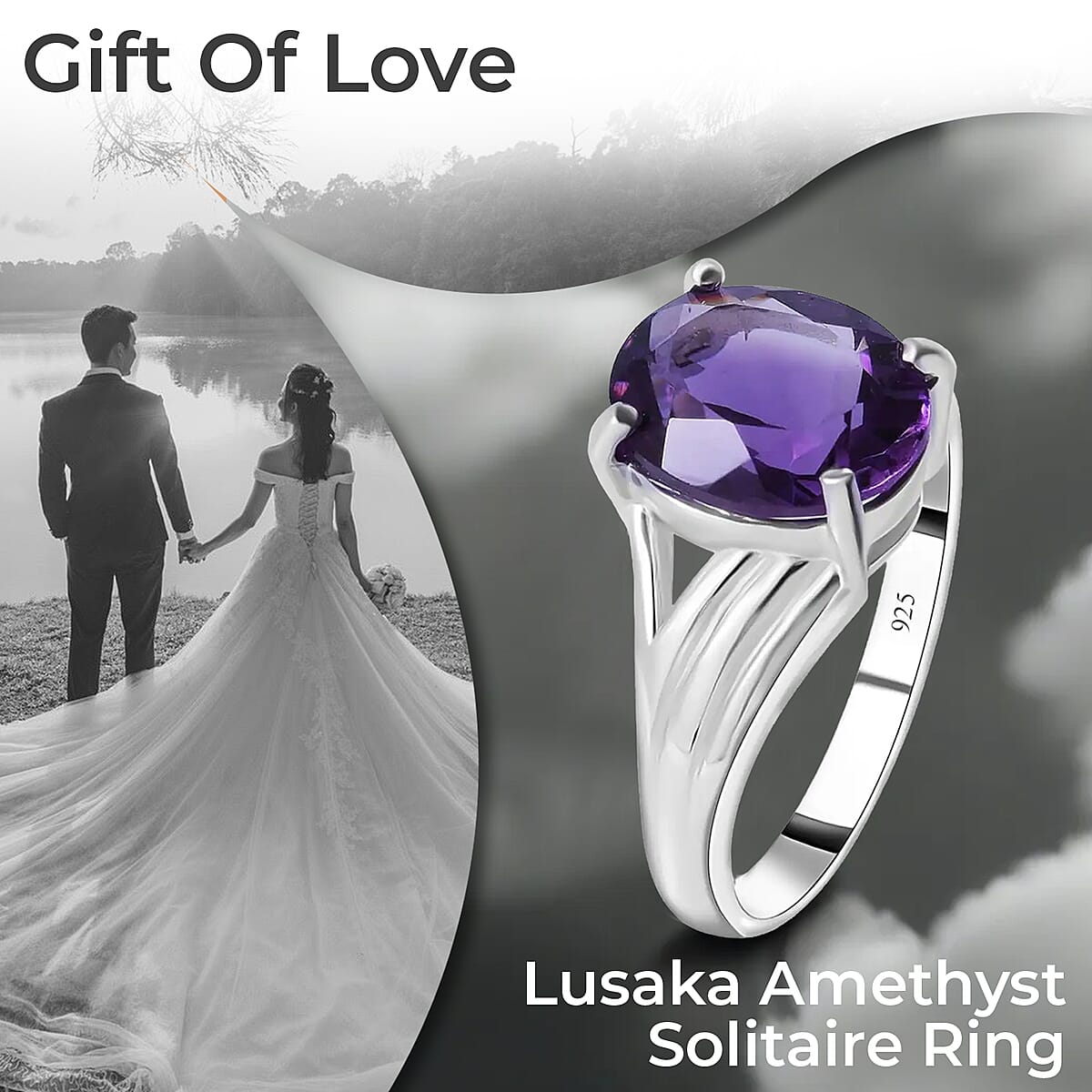 Lusaka Amethyst Solitaire Ring, Amethyst Ring, Split Shank Ring, Platinum Over Sterling Silver Ring 3.35 ctw image number 1