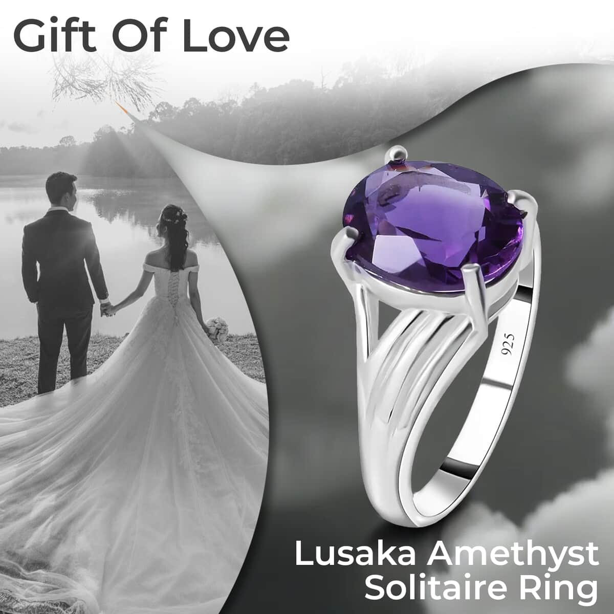 Lusaka Amethyst 3.35 ctw Solitaire Ring, Amethyst Ring, Split Shank Ring, Platinum Over Sterling Silver Ring (Size 8.00) image number 1