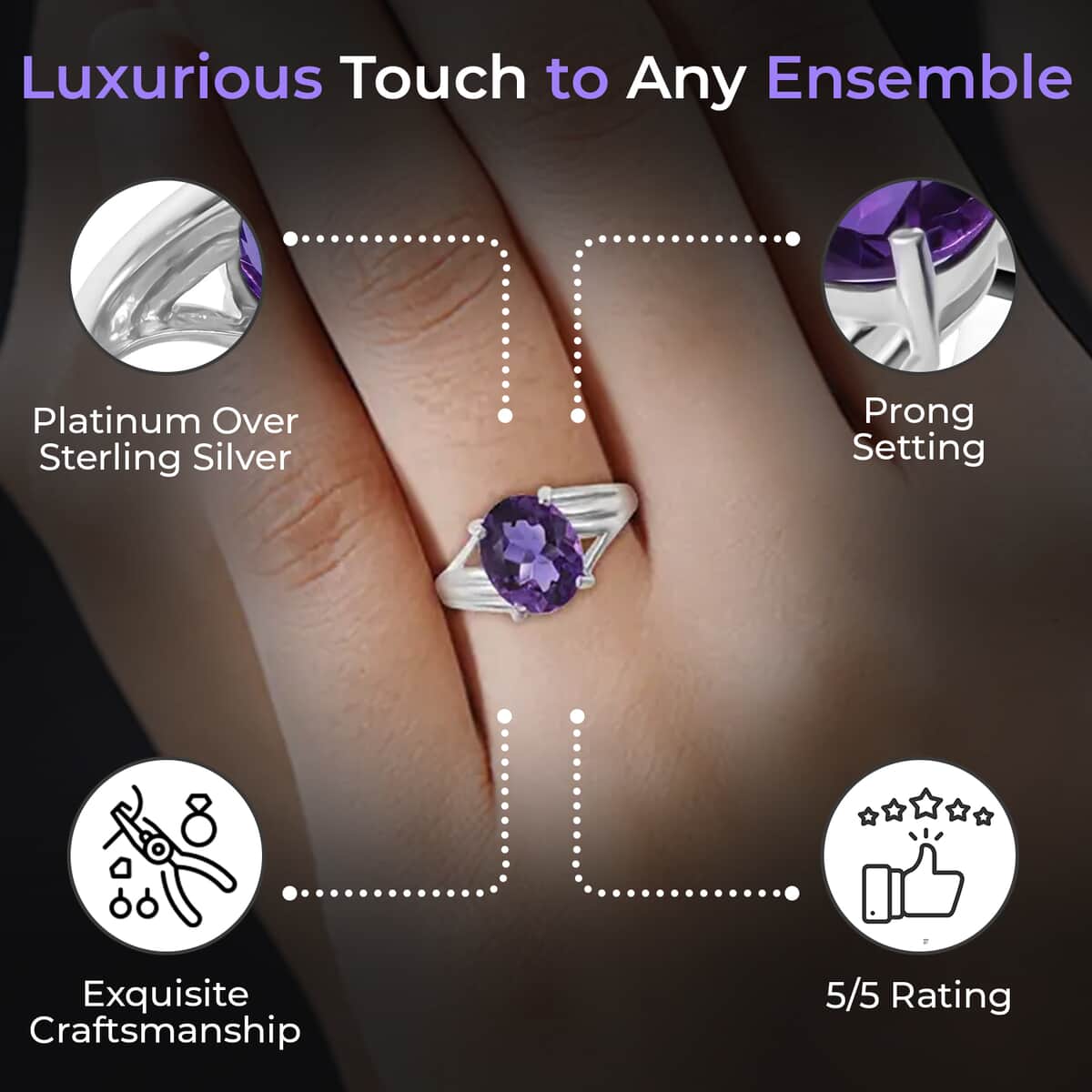 Lusaka Amethyst 3.35 ctw Solitaire Ring, Amethyst Ring, Split Shank Ring, Platinum Over Sterling Silver Ring (Size 8.00) image number 2