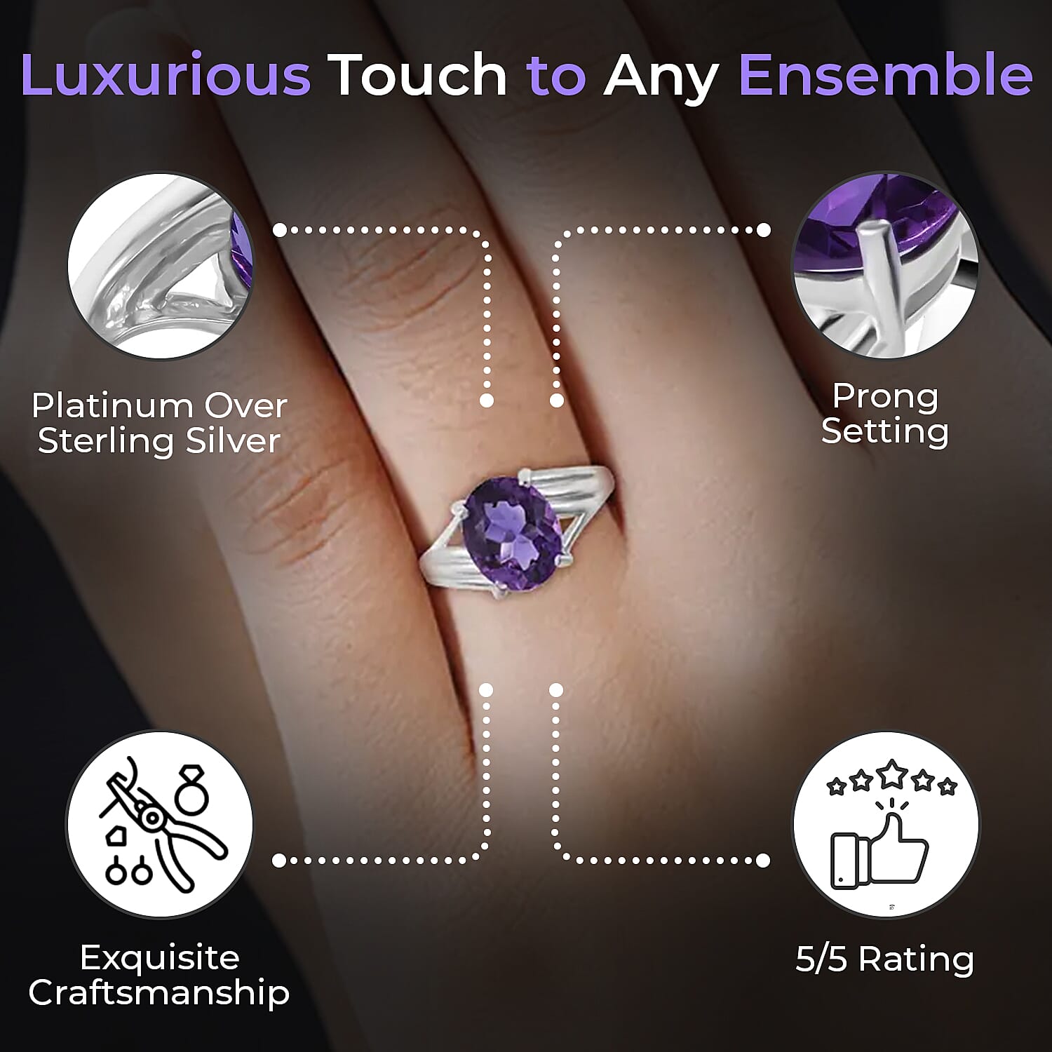 Lusaka Amethyst Solitaire Ring, Amethyst Ring, Split Shank Ring, Platinum Over Sterling Silver Ring 3.35 ctw