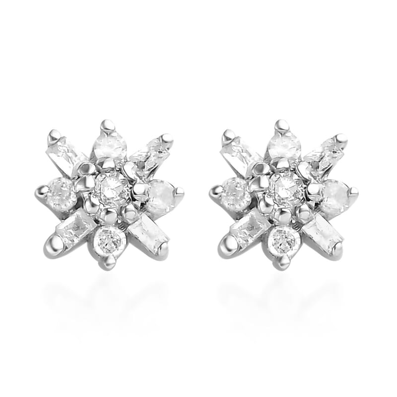 D'Joy Dainty Floral Diamond 0.15 ctw Stud Earrings in Platinum Over Sterling Silver