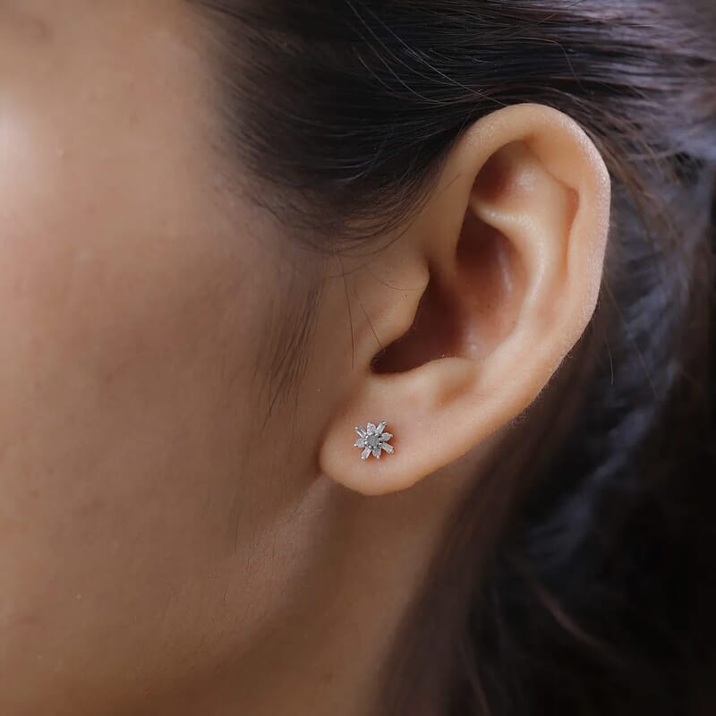 D'Joy Dainty Floral Diamond 0.15 ctw Stud Earrings in Platinum Over Sterling Silver