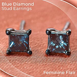 Blue Diamond Stud Earrings, Rhodium and Platinum Over Sterling Silver Earrings, Diamond Earrings, Diamond Gifts 0.50 ctw