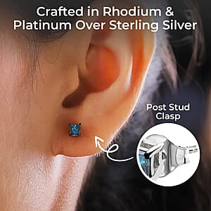 Blue Diamond Stud Earrings, Rhodium and Platinum Over Sterling Silver Earrings, Diamond Earrings, Diamond Gifts 0.50 ctw