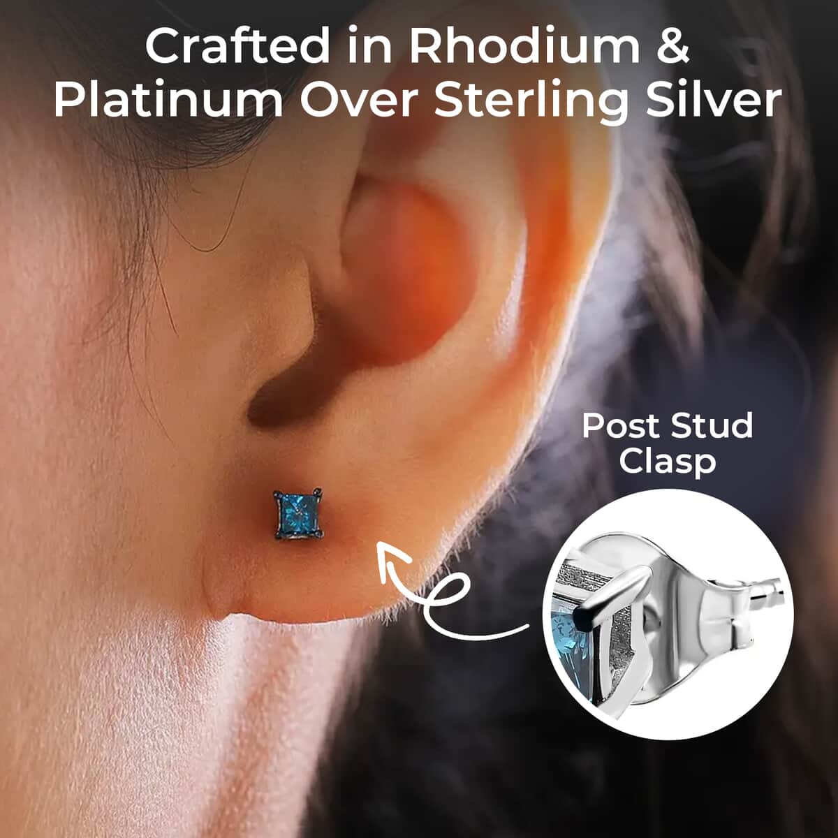 Blue Diamond Stud Earrings, Rhodium and Platinum Over Sterling Silver Earrings, Diamond Earrings, Diamond Gifts 0.50 ctw image number 2