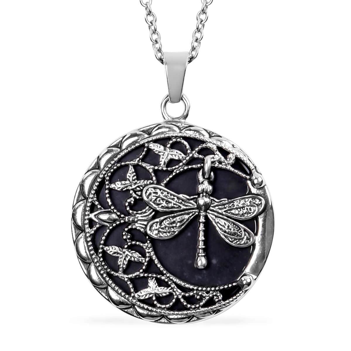 Enhanced Black Agate Necklace in Black Oxidized Stainless Steel, Dragonfly Pendant, Silver Jewelry For Women 50.00 ctw  (20 Inches) image number 0