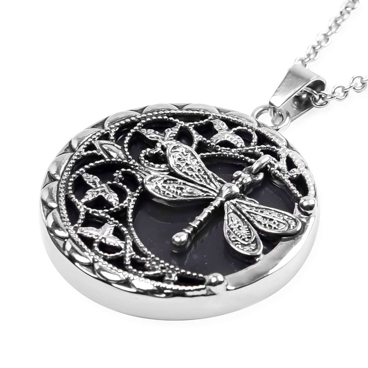 Enhanced Black Agate Necklace in Black Oxidized Stainless Steel, Dragonfly Pendant, Silver Jewelry For Women 50.00 ctw  (20 Inches) image number 3