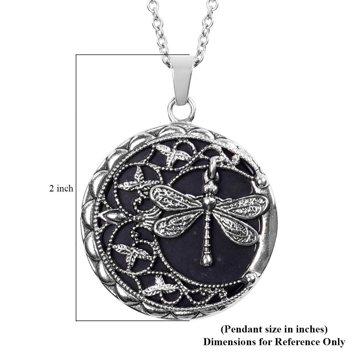 Enhanced Black Agate Necklace in Black Oxidized Stainless Steel, Dragonfly Pendant, Silver Jewelry For Women 50.00 ctw  (20 Inches) image number 6
