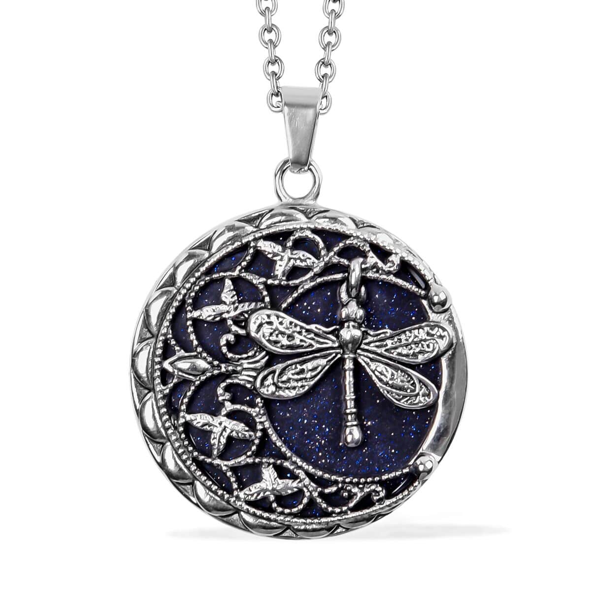 Blue Goldstone Necklace in Black Oxidized Stainless Steel, Dragonfly Pendant, Silver Jewelry For Women 50.00 ctw (20 Inches) image number 0