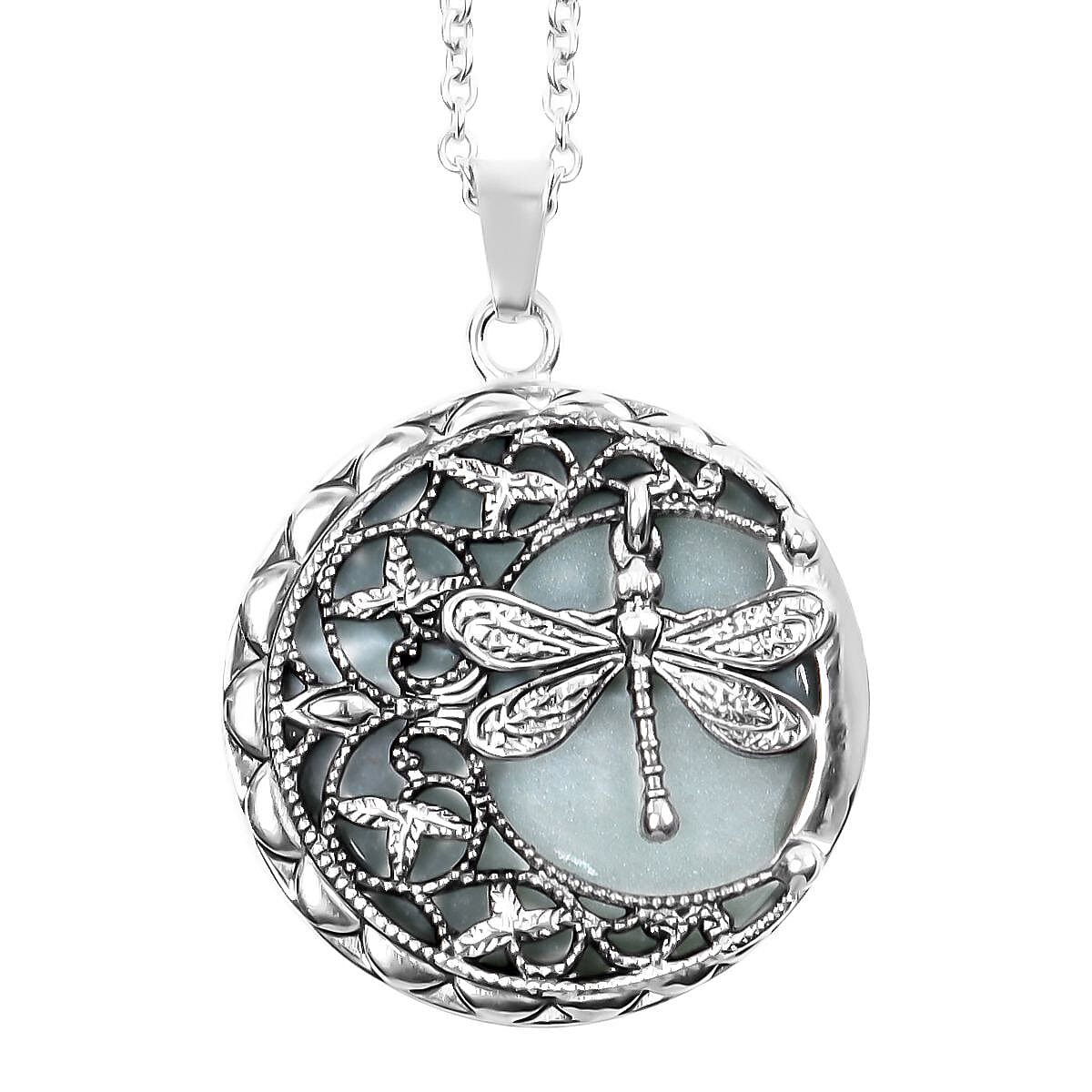 Green Aventurine 50.00 ctw Dragonfly Pendant Necklace in Black Oxidized Stainless Steel 20 Inches image number 0