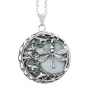 Green Aventurine 50.00 ctw Dragonfly Pendant Necklace in Black Oxidized Stainless Steel 20 Inches