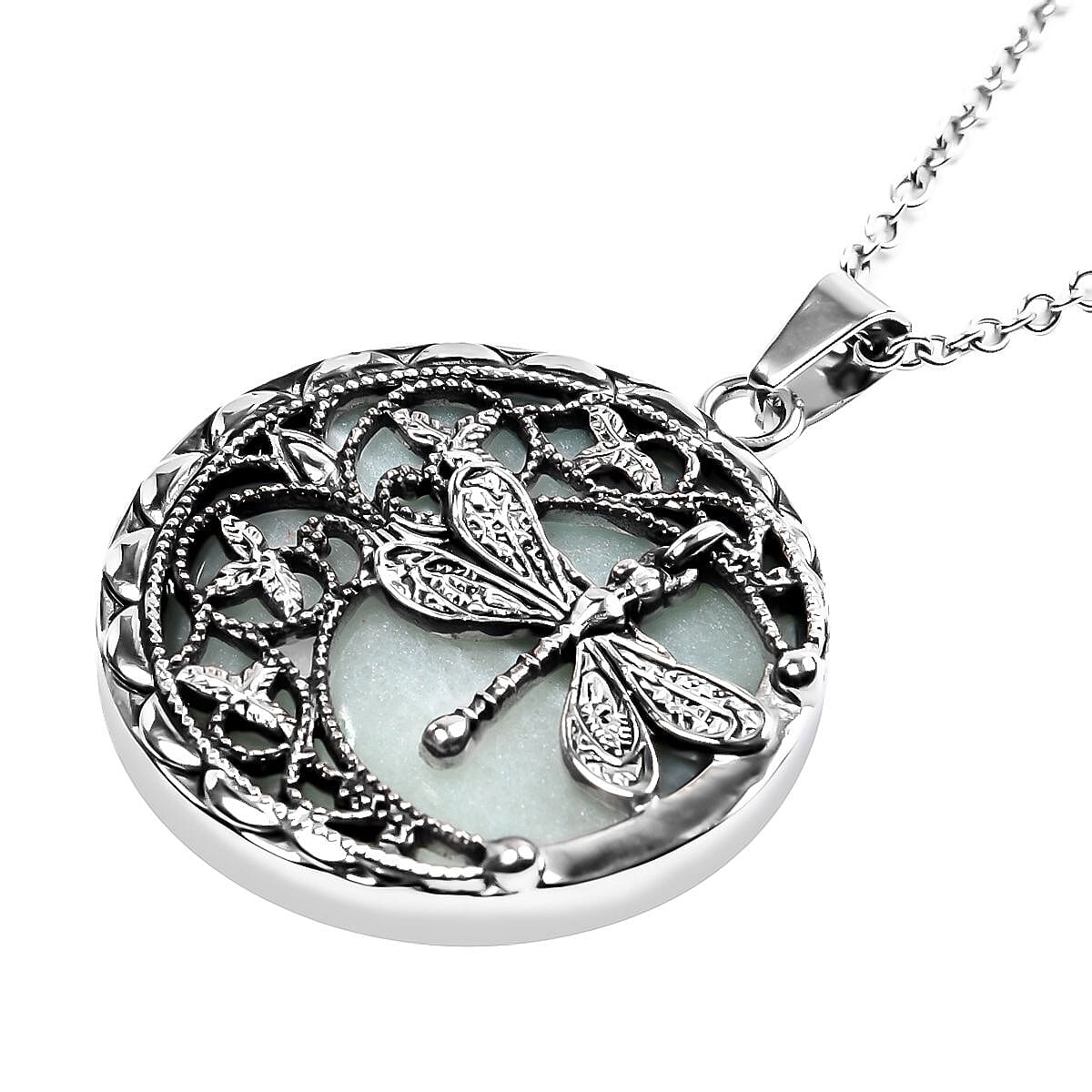 Green Aventurine 50.00 ctw Dragonfly Pendant Necklace in Black Oxidized Stainless Steel 20 Inches image number 3