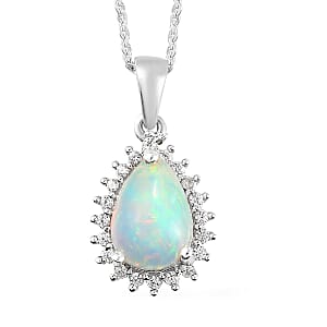 Premium Ethiopian Welo Opal and Natural White Zircon Halo Pendant Necklace 20 Inches Platinum Over Sterling Silver 1.10 ctw