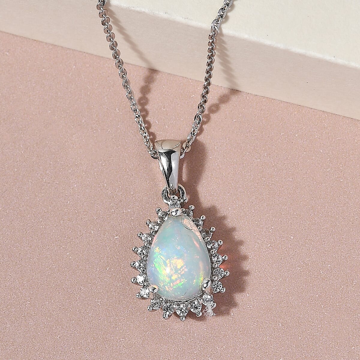 Premium Ethiopian Welo Opal and Natural White Zircon Halo Pendant Necklace 20 Inches Platinum Over Sterling Silver 1.10 ctw image number 1