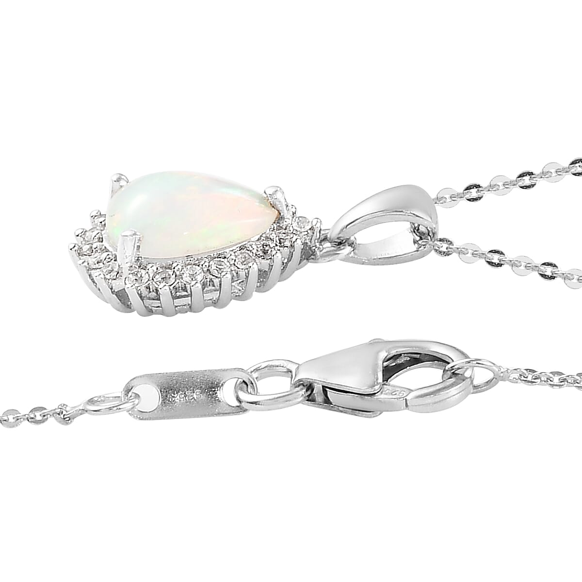 Premium Ethiopian Welo Opal and Natural White Zircon Halo Pendant Necklace 20 Inches Platinum Over Sterling Silver 1.10 ctw image number 3