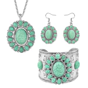 Green Howlite Gemstone Floral Cuff Bracelet 7.50-8.50 Inch, Earrings and Pendant Necklace 26-30 Inches in Silvertone 139.00 ctw