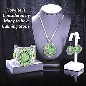 Constituted Green Howlite Gemstone 139.00 ctw Floral Cuff Bracelet 7.50-8.50 Inch, Earrings and Pendant Necklace 26-30 Inches in Silvertone