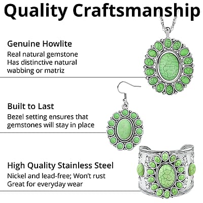 Constituted Green Howlite Gemstone 139.00 ctw Floral Cuff Bracelet 7.50-8.50 Inch, Earrings and Pendant Necklace 26-30 Inches in Silvertone