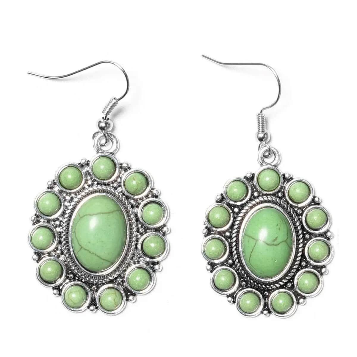 Green Howlite Gemstone 139.00 ctw Floral Cuff Bracelet 7.50-8.50 Inch, Earrings and Pendant Necklace 26-30 Inches in Silvertone image number 7