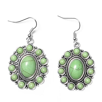 Constituted Green Howlite Gemstone 139.00 ctw Floral Cuff Bracelet 7.50-8.50 Inch, Earrings and Pendant Necklace 26-30 Inches in Silvertone