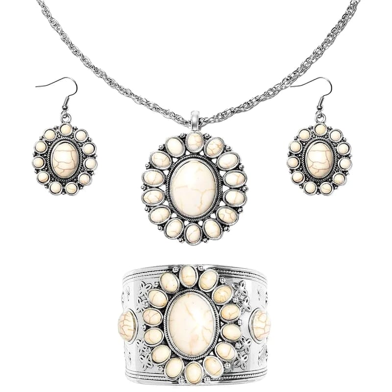 Constituted White Howlite 139.00 ctw Floral Cuff Bracelet (7.50-8.50 in), Earrings and Pendant Necklace 26-30 Inches in Silvertone