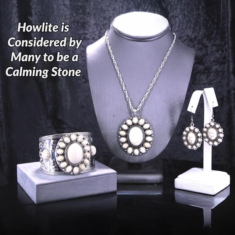 Constituted White Howlite 139.00 ctw Floral Cuff Bracelet (7.50-8.50 in), Earrings and Pendant Necklace 26-30 Inches in Silvertone