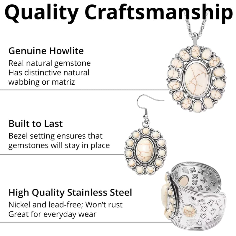 Constituted White Howlite 139.00 ctw Floral Cuff Bracelet (7.50-8.50 in), Earrings and Pendant Necklace 26-30 Inches in Silvertone