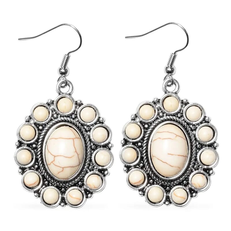 Constituted White Howlite 139.00 ctw Floral Cuff Bracelet (7.50-8.50 in), Earrings and Pendant Necklace 26-30 Inches in Silvertone