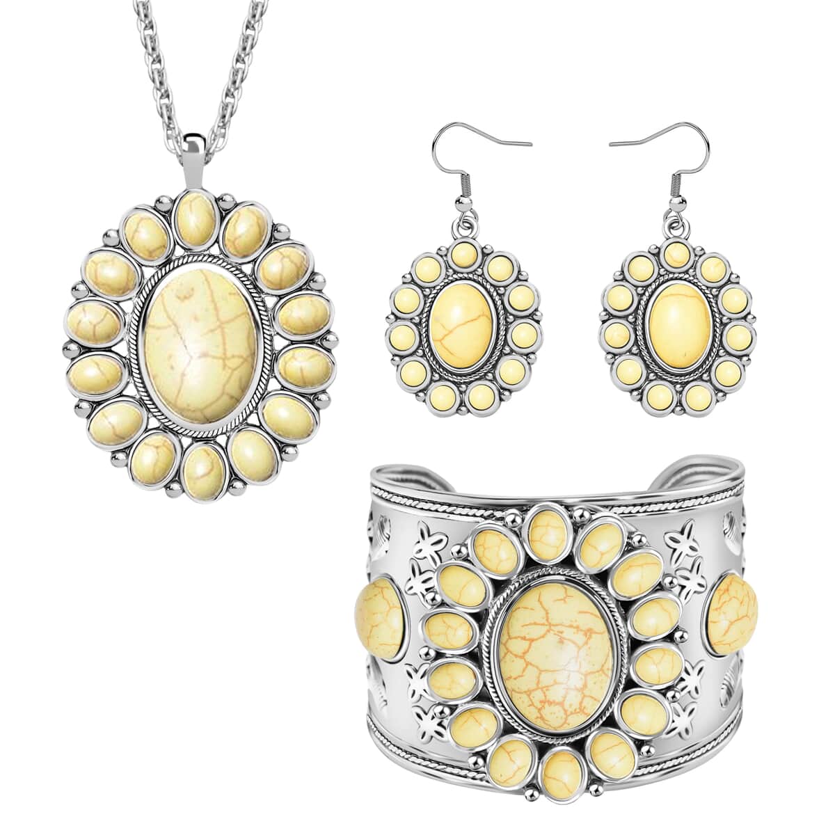 Yellow Howlite Gemstone 139.00 ctw Floral Cuff Bracelet 7.50-8.50 Inch, Earrings and Pendant Necklace 26-30 Inches in Silvertone image number 0