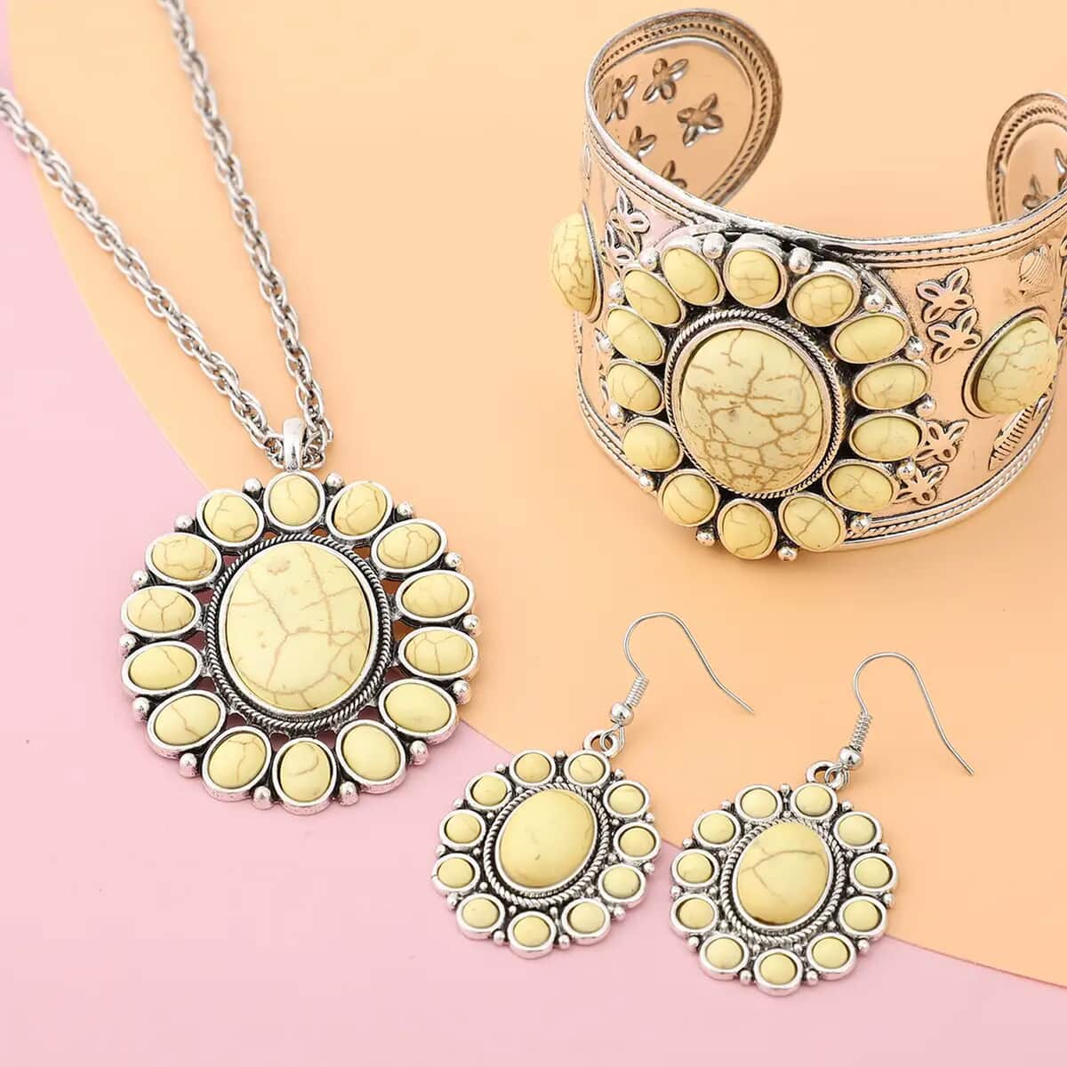 Yellow Howlite Gemstone 139.00 ctw Floral Cuff Bracelet 7.50-8.50 Inch, Earrings and Pendant Necklace 26-30 Inches in Silvertone image number 1