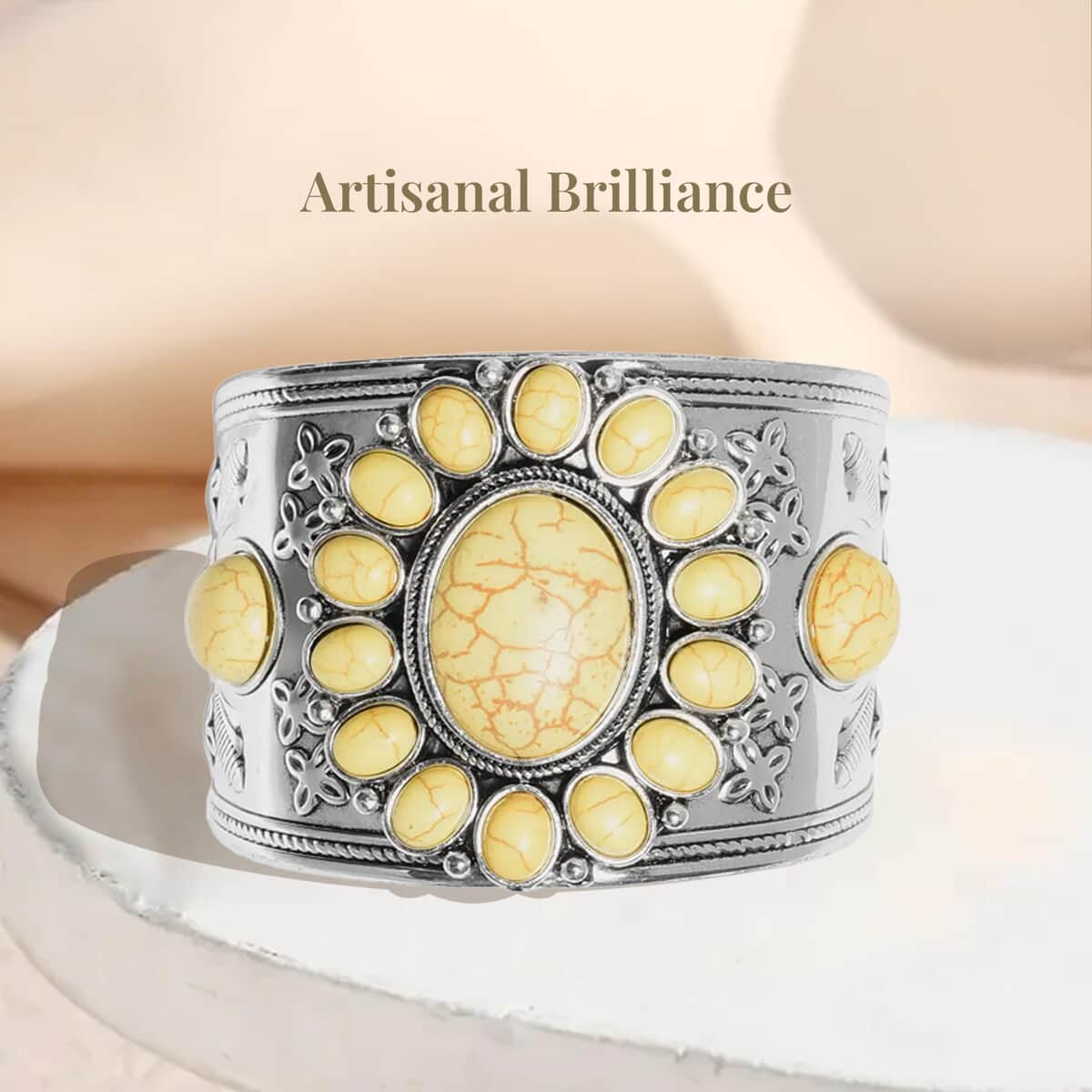Yellow Howlite Gemstone 139.00 ctw Floral Cuff Bracelet 7.50-8.50 Inch, Earrings and Pendant Necklace 26-30 Inches in Silvertone image number 4