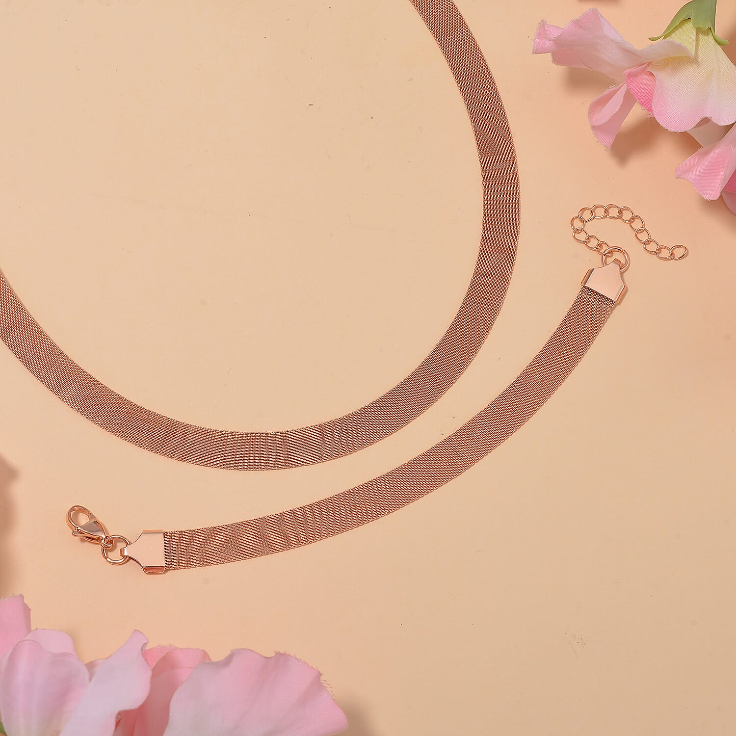 Mesh Bracelet 7.50 Inch and Necklace in ION Plated Rose Gold Stainless Steel (20.00 In) 23.10 Grams