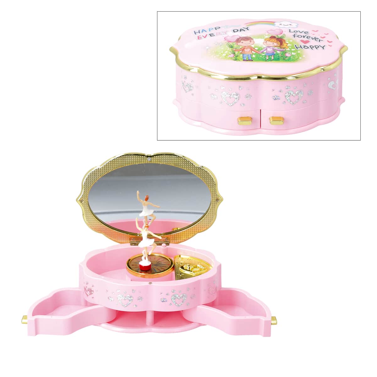 Pink Oval Shape Music Jewelry Box with Mirror and Dancer image number 0