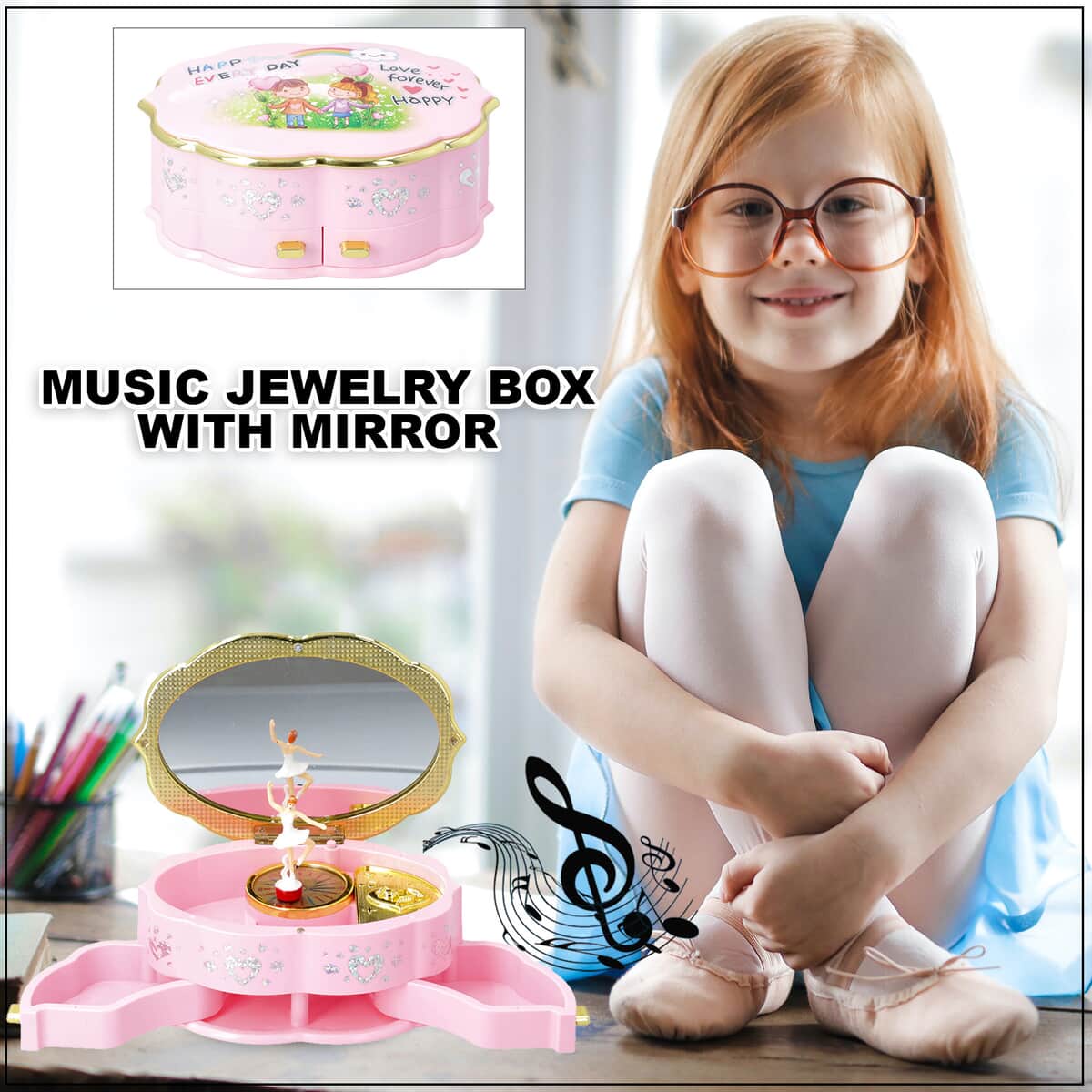 Pink Oval Shape Music Jewelry Box with Mirror and Dancer image number 1