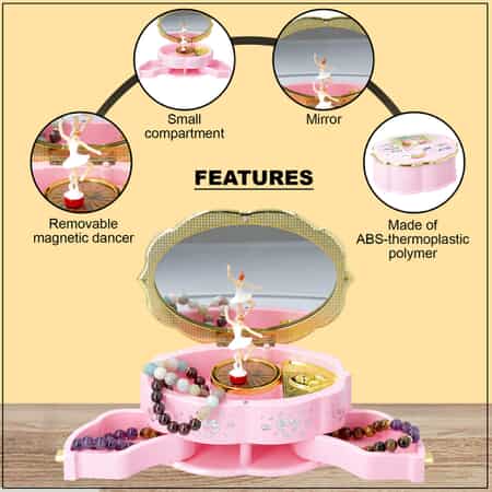 Pink Oval Shape Music Jewelry Box with Mirror and Dancer image number 2