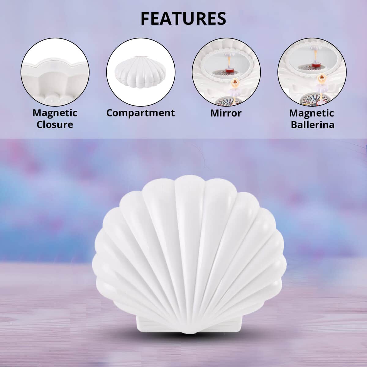 White Shell Shape Magnetic Ballerina Musical Jewelry Box image number 2