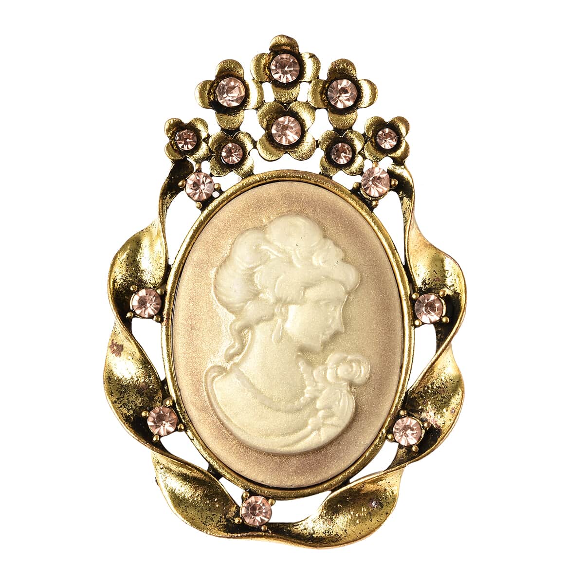 Champagne Austrian Crystal Floral Cameo Brooch in Goldtone image number 0