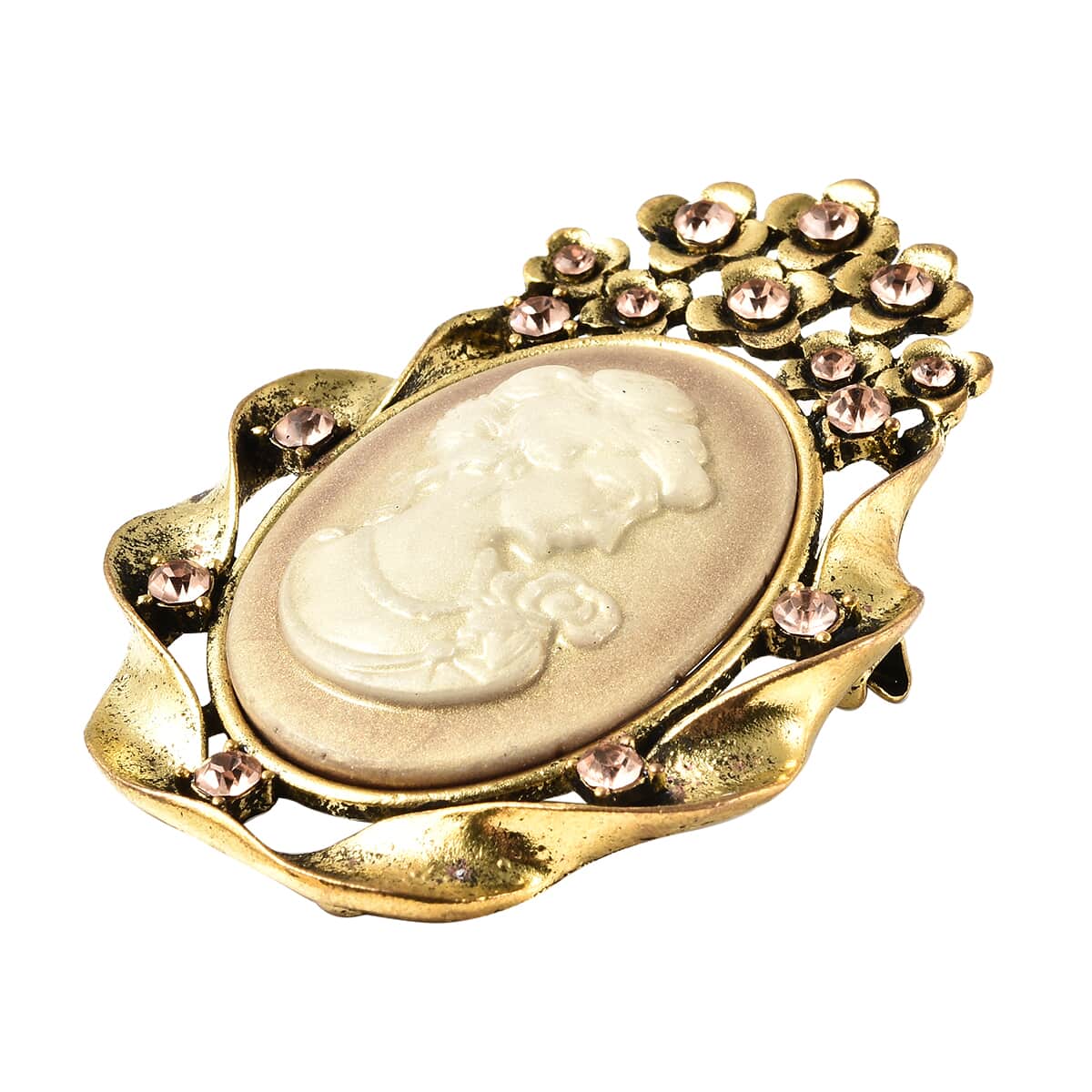 Champagne Austrian Crystal Floral Cameo Brooch in Goldtone image number 2