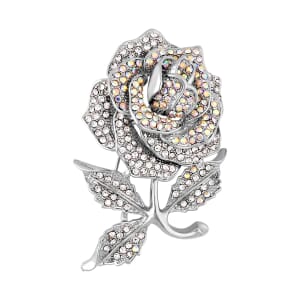 White Austrian Crystal Rose Brooch in Silvertone