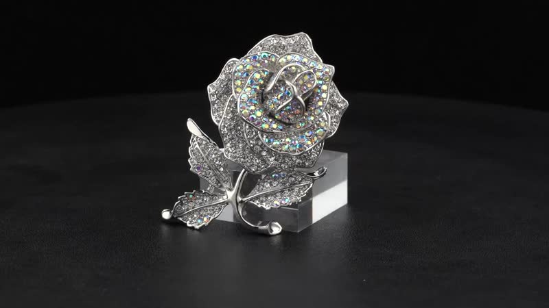 White Austrian Crystal Rose Brooch in Silvertone