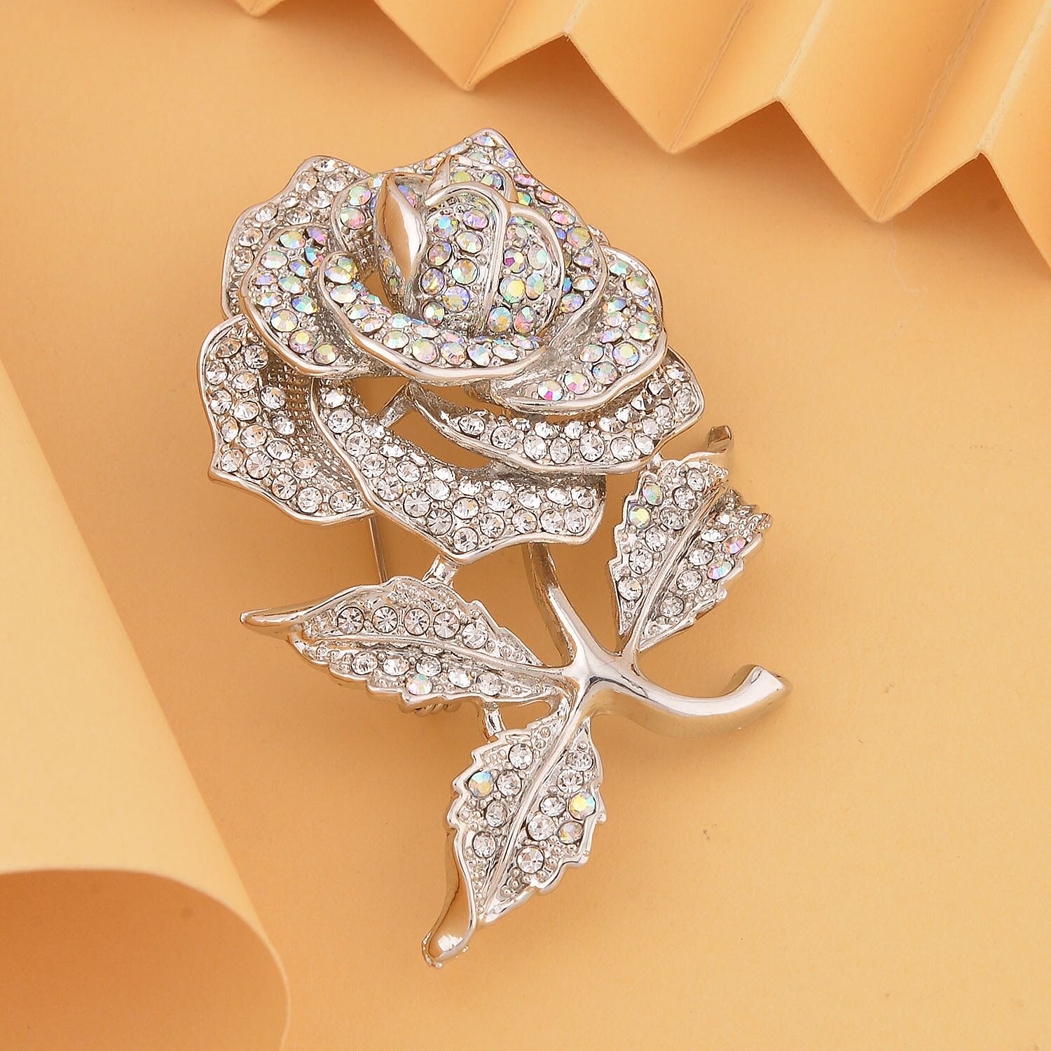 White Austrian Crystal Rose Brooch in Silvertone